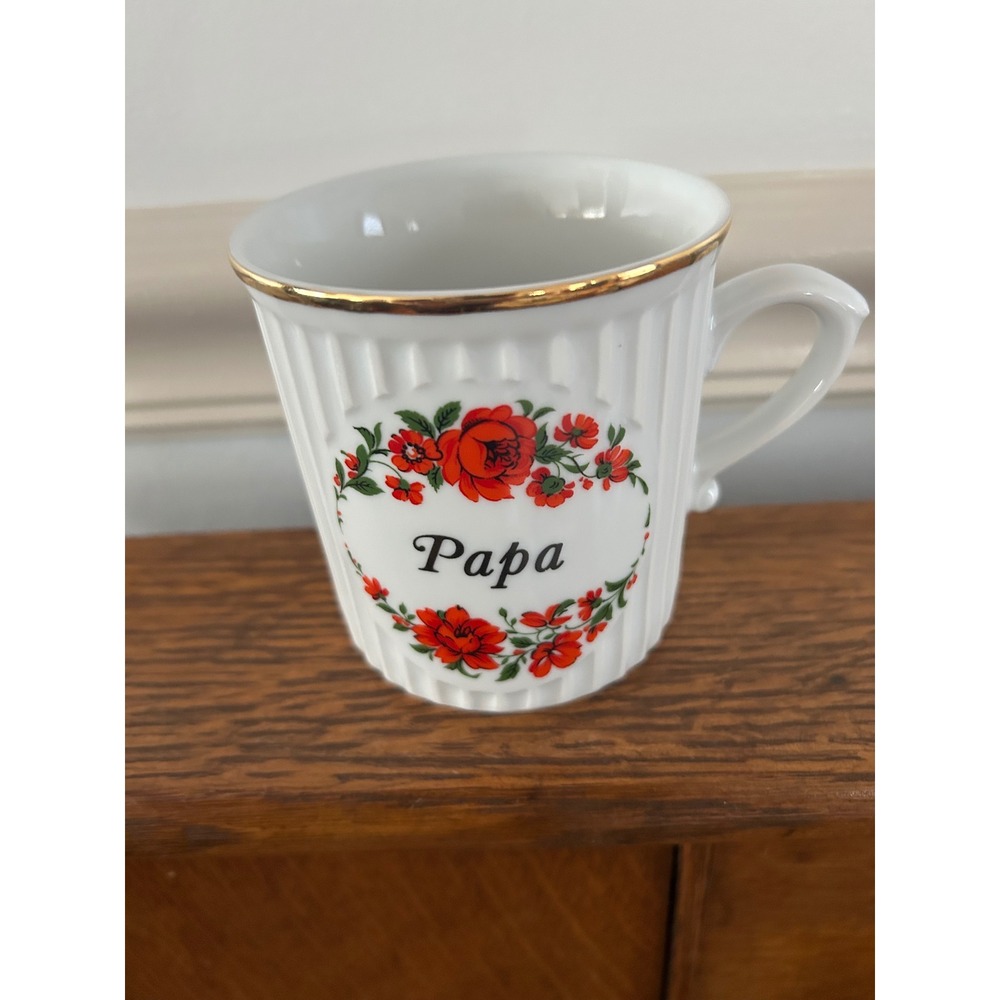 Original Bohemia Papa Coffee Mug Vintage Floral Gold Rim White Ribbed Ceramic